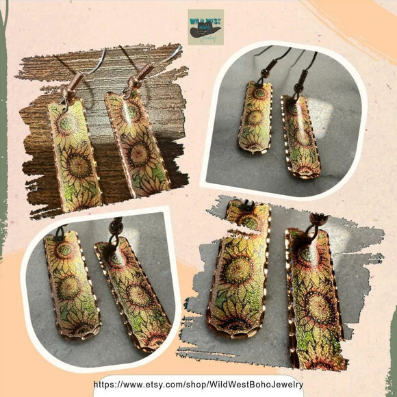 Handcrafted Copper Diamond Cut Sunflower Wire Drop Earrings, Western Boho, Gift - Picture 2 of 9